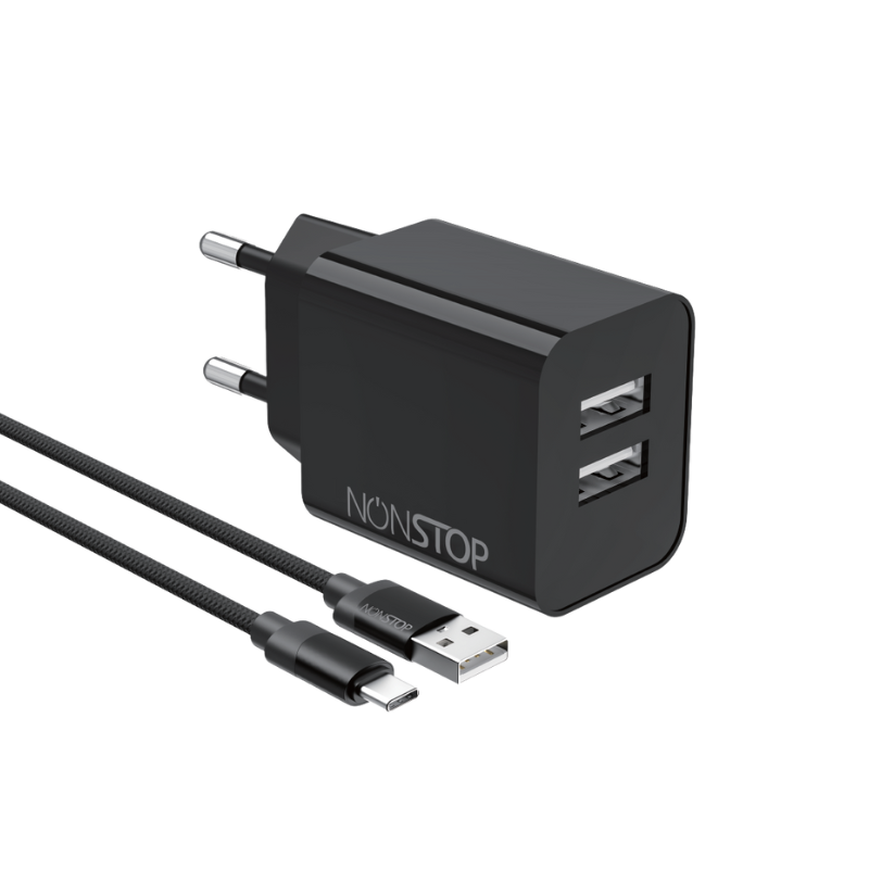 מטען בית +כבל טייפ סי NONSTOP PowerLine 2USB 15W